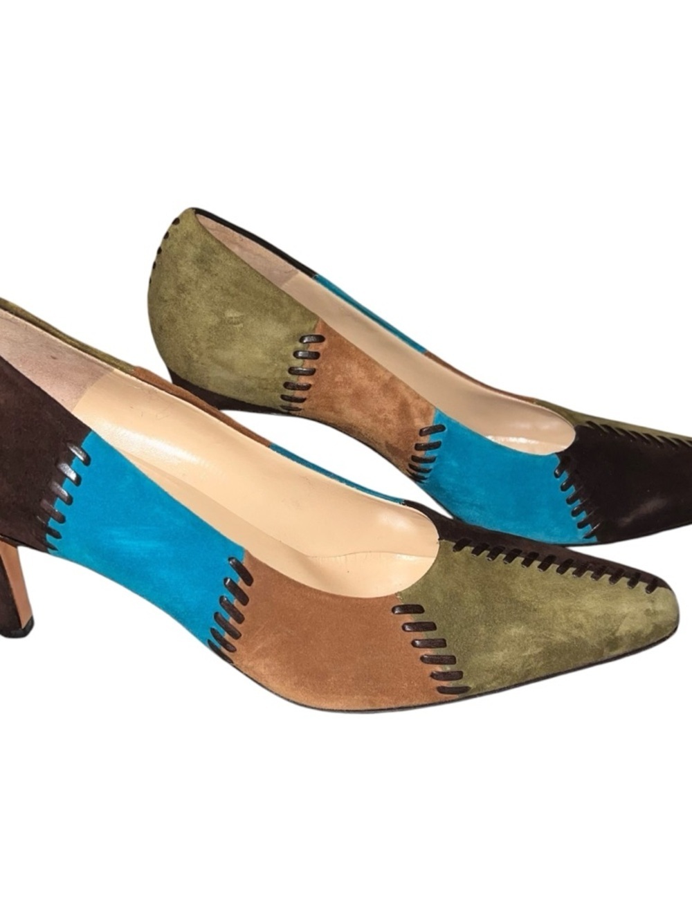 Salvatore Ferragamo Multicolor Suede Patchwork Pointed-Toe Pumps - Picture 3 of 12